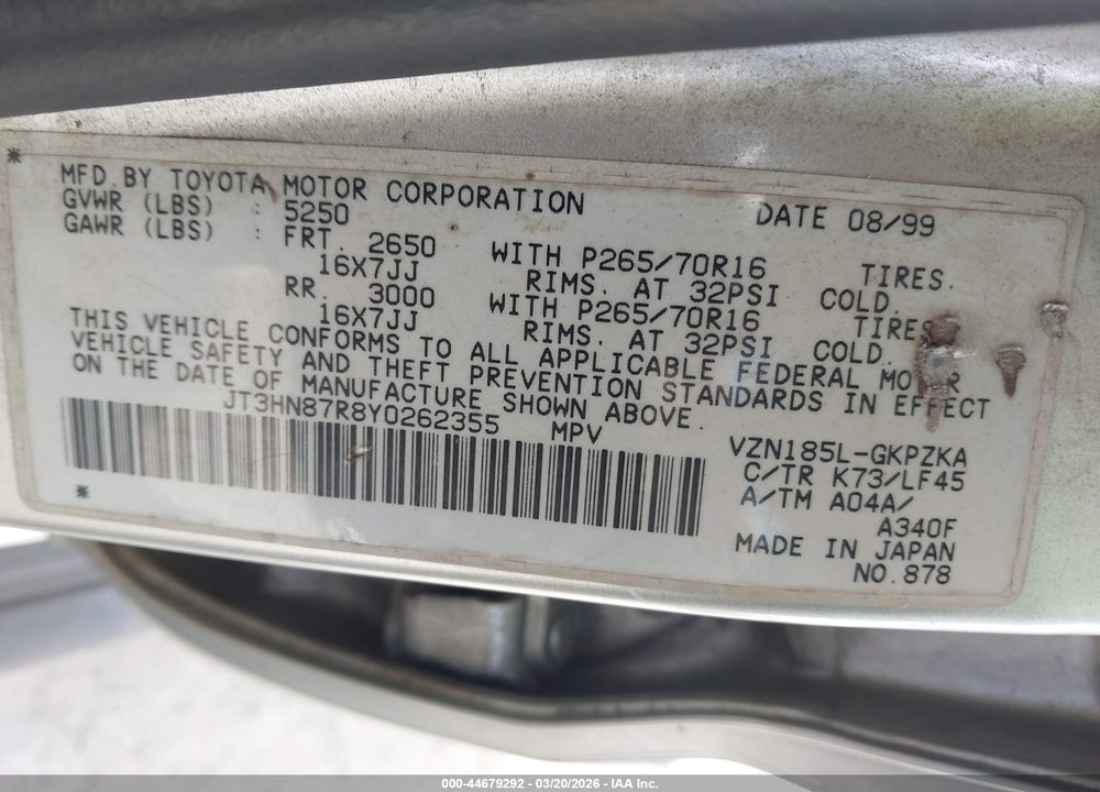 2000 TOYOTA 4RUNNER LIMITED V6 VIN: JT3HN87R8Y0262355