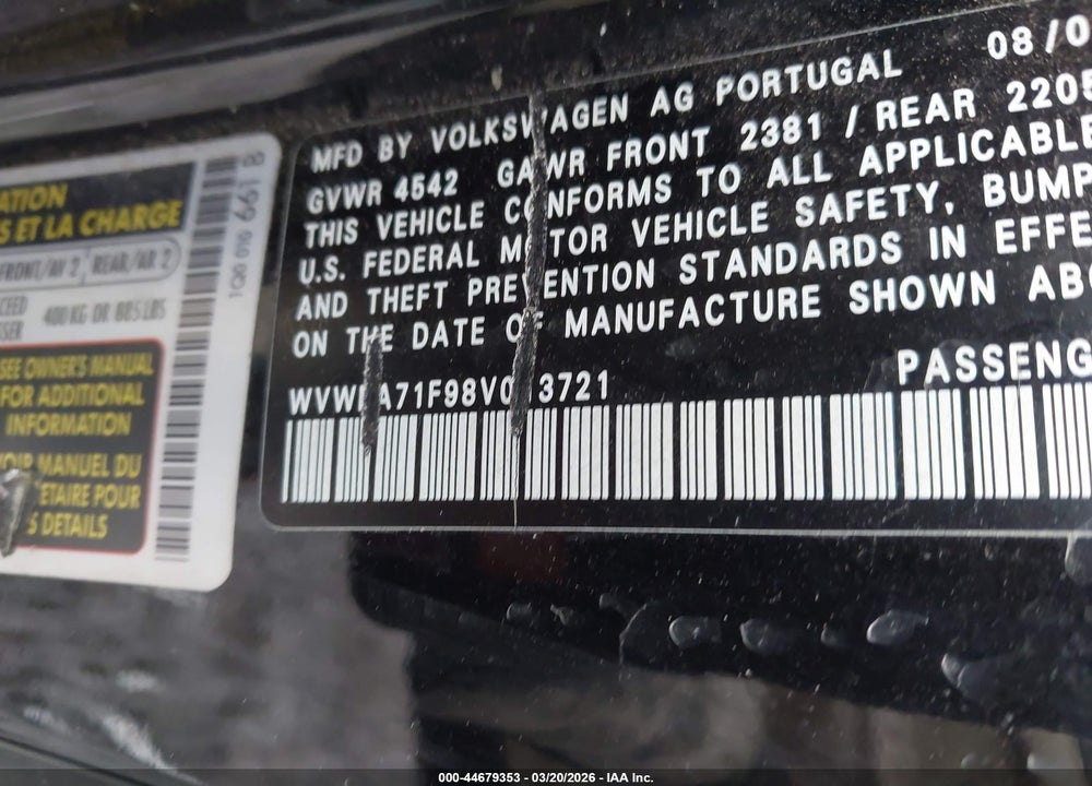 2008 VOLKSWAGEN EOS LUX VIN: WVWFA71F98V013721