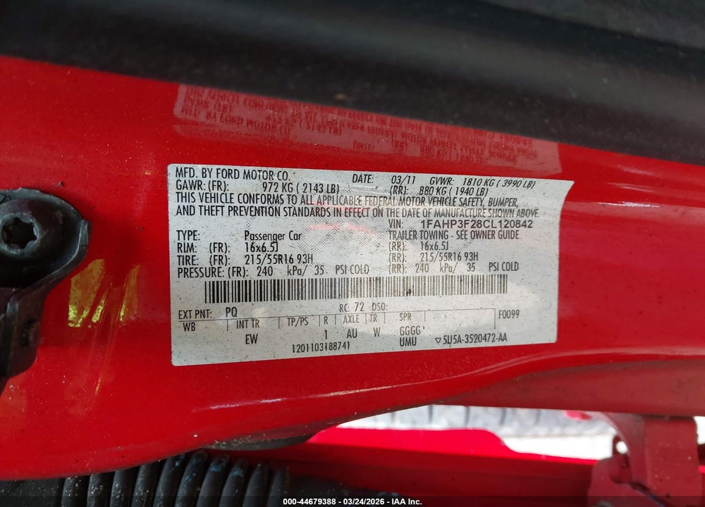 2012 FORD FOCUS SE VIN: 1FAHP3F28CL120842