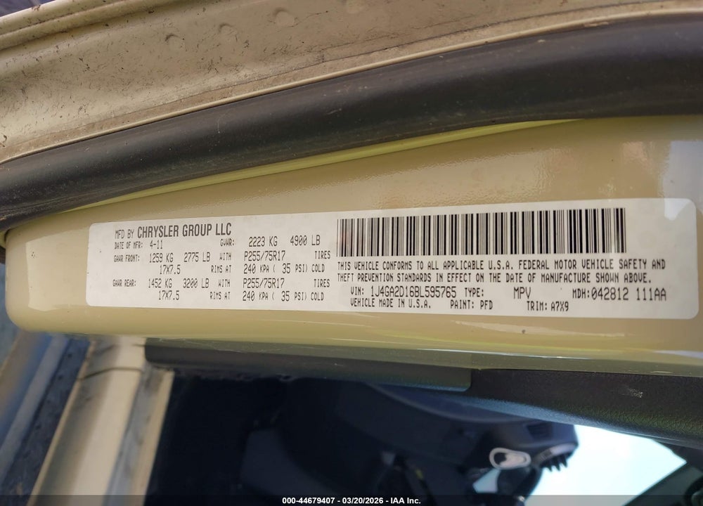 2011 JEEP WRANGLER SPORT VIN: 1J4GA2D16BL595765
