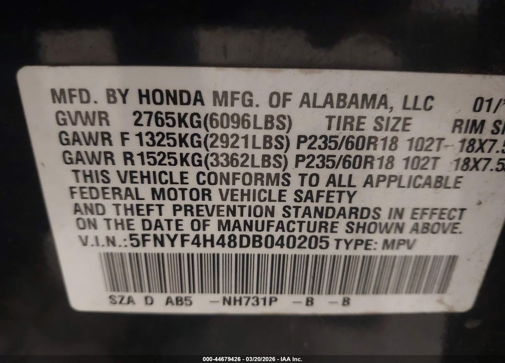 2013 HONDA PILOT EX VIN: 5FNYF4H48DB040205