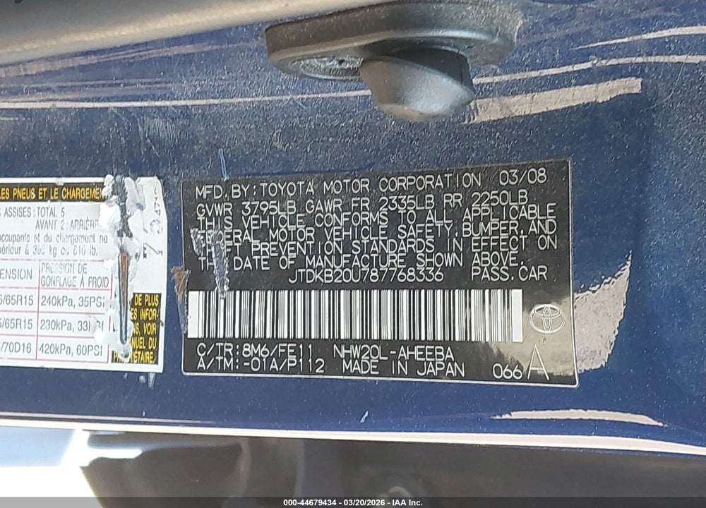 2008 TOYOTA PRIUS VIN: JTDKB20U787768336