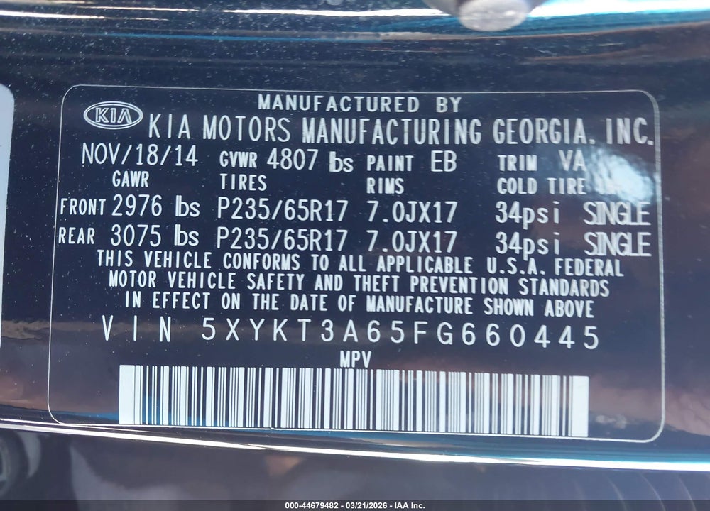 2015 KIA SORENTO LX VIN: 5XYKT3A65FG660445