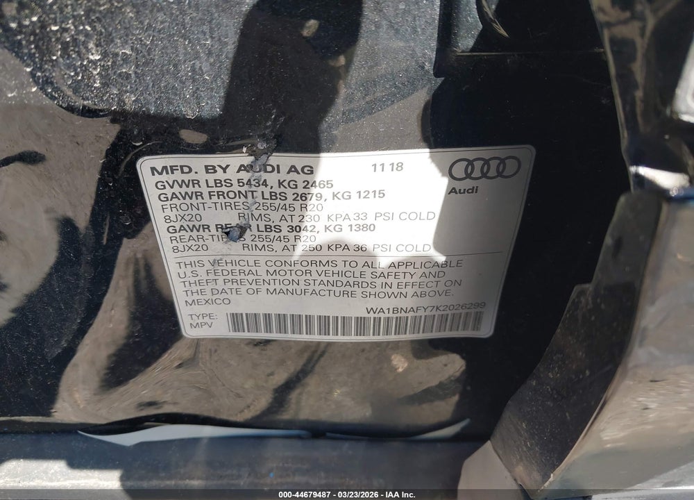 2019 AUDI Q5 45 PREMIUM VIN: WA1BNAFY7K2026299
