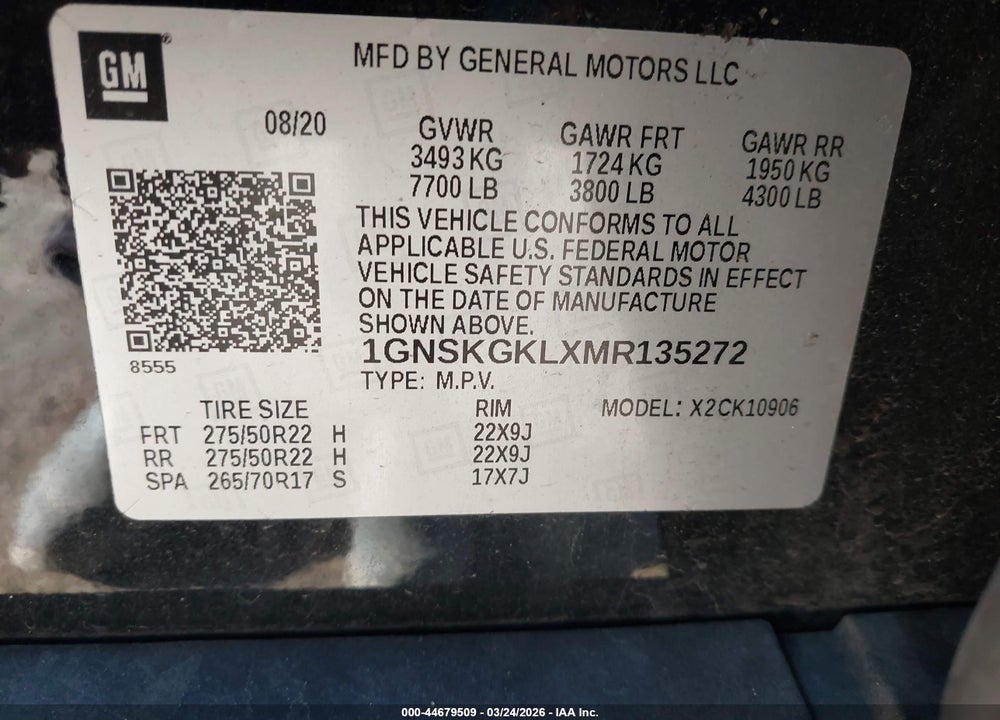 2021 CHEVROLET SUBURBAN 4WD HIGH COUNTRY VIN: 1GNSKGKLXMR135272