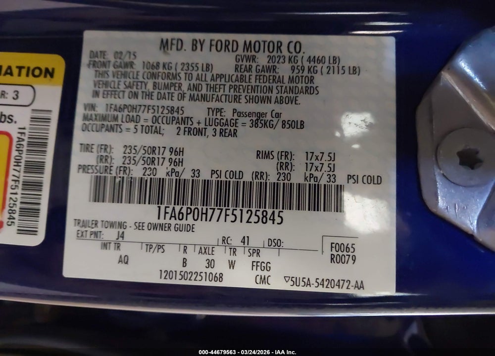 2015 FORD FUSION SE VIN: 1FA6P0H77F5125845