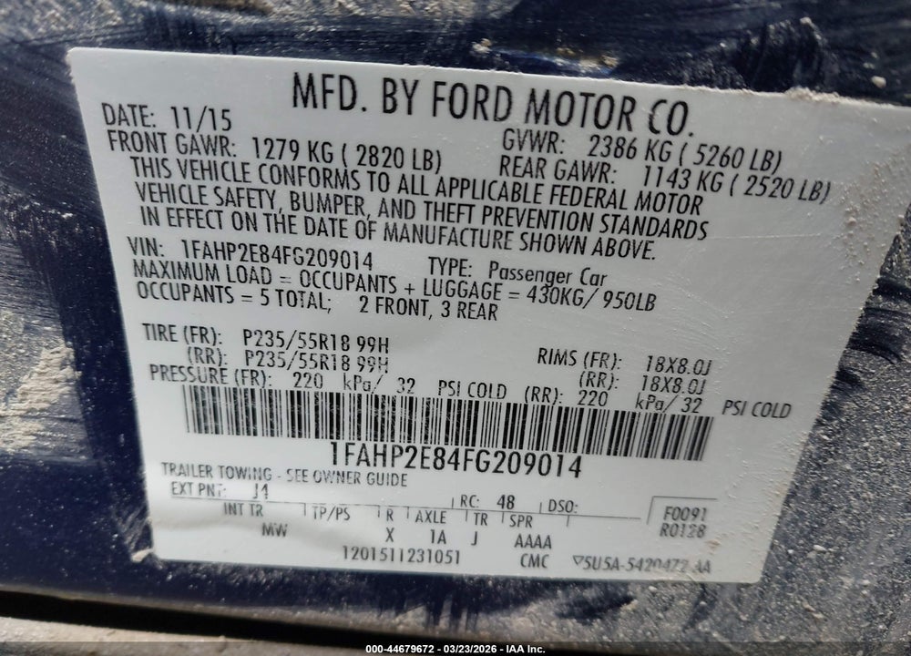 2015 FORD TAURUS SEL VIN: 1FAHP2E84FG209014