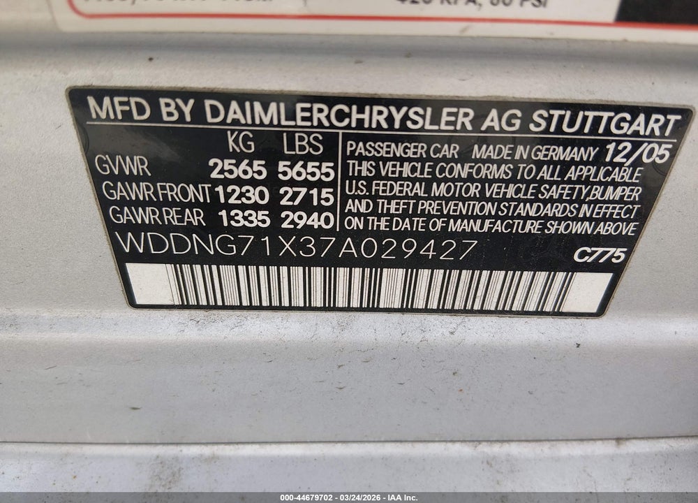 2007 MERCEDES-BENZ S 550 VIN: WDDNG71X37A029427