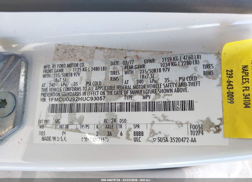 2017 FORD ESCAPE TITANIUM VIN: 1FMCU0J92HUC93057