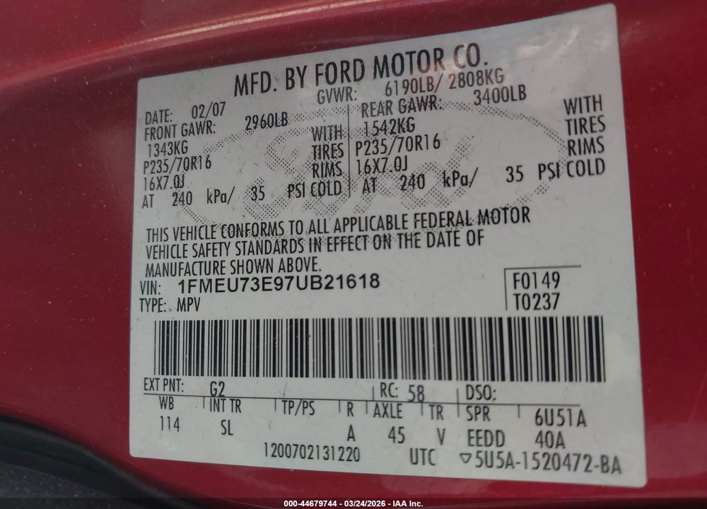 2007 FORD EXPLORER XLT VIN: 1FMEU73E97UB21618