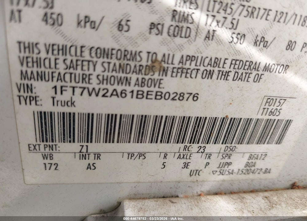 2011 FORD F-250 XL VIN: 1FT7W2A61BEB02876