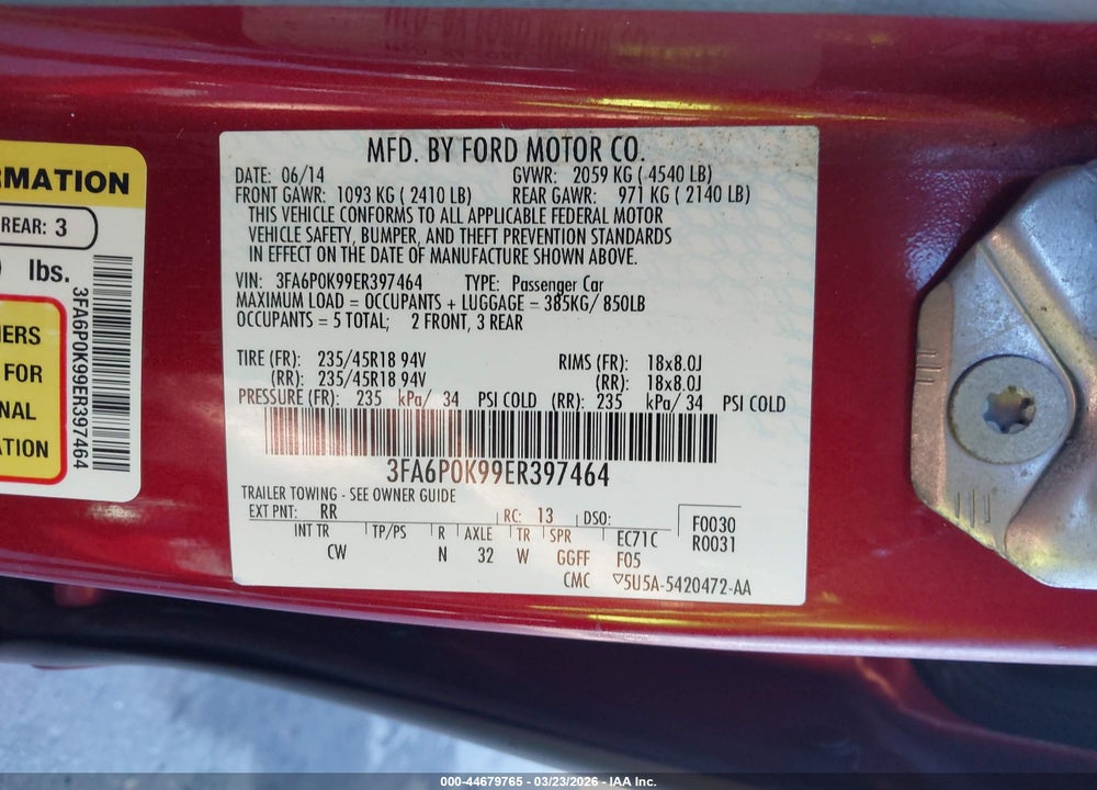 2014 FORD FUSION TITANIUM VIN: 3FA6P0K99ER397464