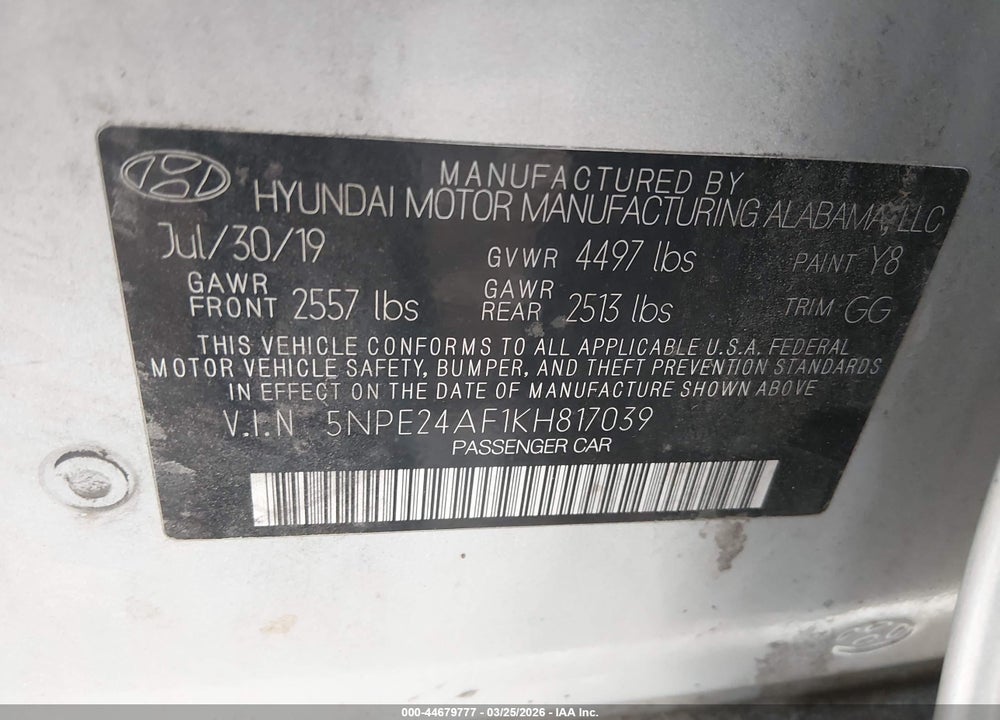 2019 HYUNDAI SONATA SE VIN: 5NPE24AF1KH817039