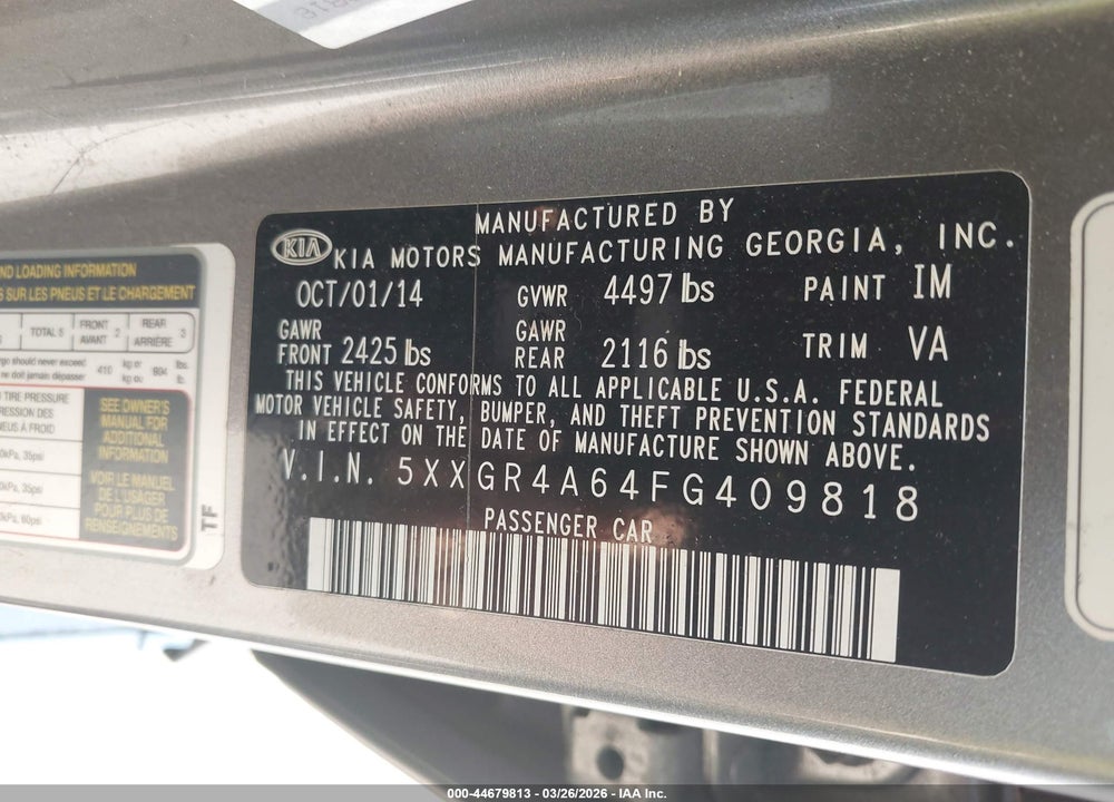 2015 KIA OPTIMA SXL TURBO VIN: 5XXGR4A64FG409818