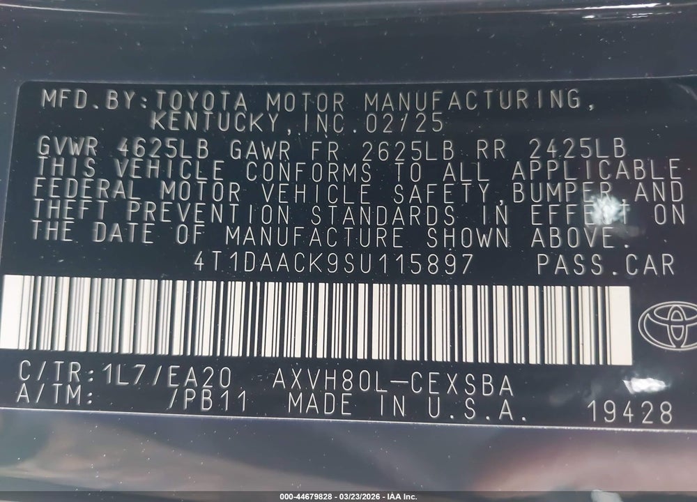 2025 TOYOTA CAMRY SE VIN: 4T1DAACK9SU115897