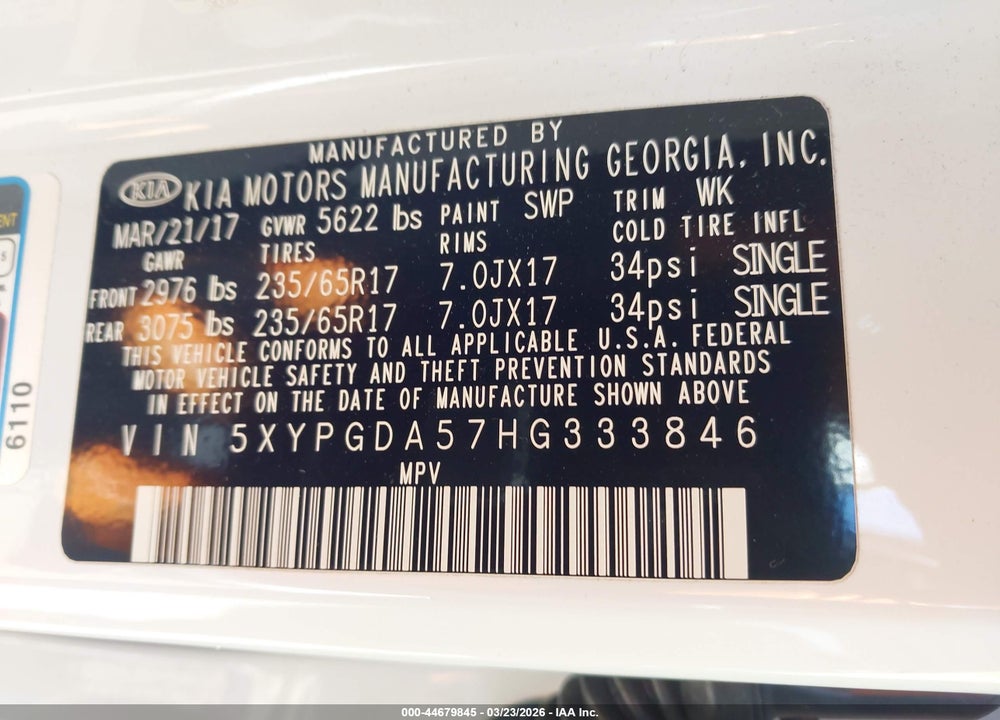 2017 KIA SORENTO 3.3L LX VIN: 5XYPGDA57HG333846