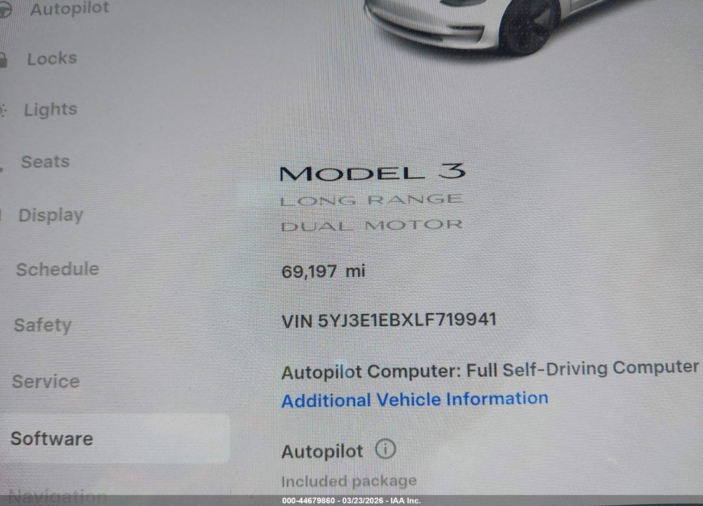 2020 TESLA MODEL 3 LONG RANGE DUAL MOTOR ALL-WHEEL DRIVE VIN: 5YJ3E1EBXLF719941