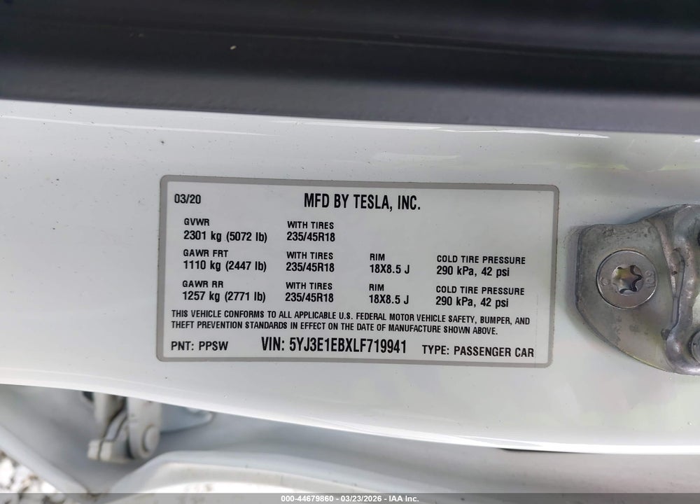 2020 TESLA MODEL 3 LONG RANGE DUAL MOTOR ALL-WHEEL DRIVE VIN: 5YJ3E1EBXLF719941
