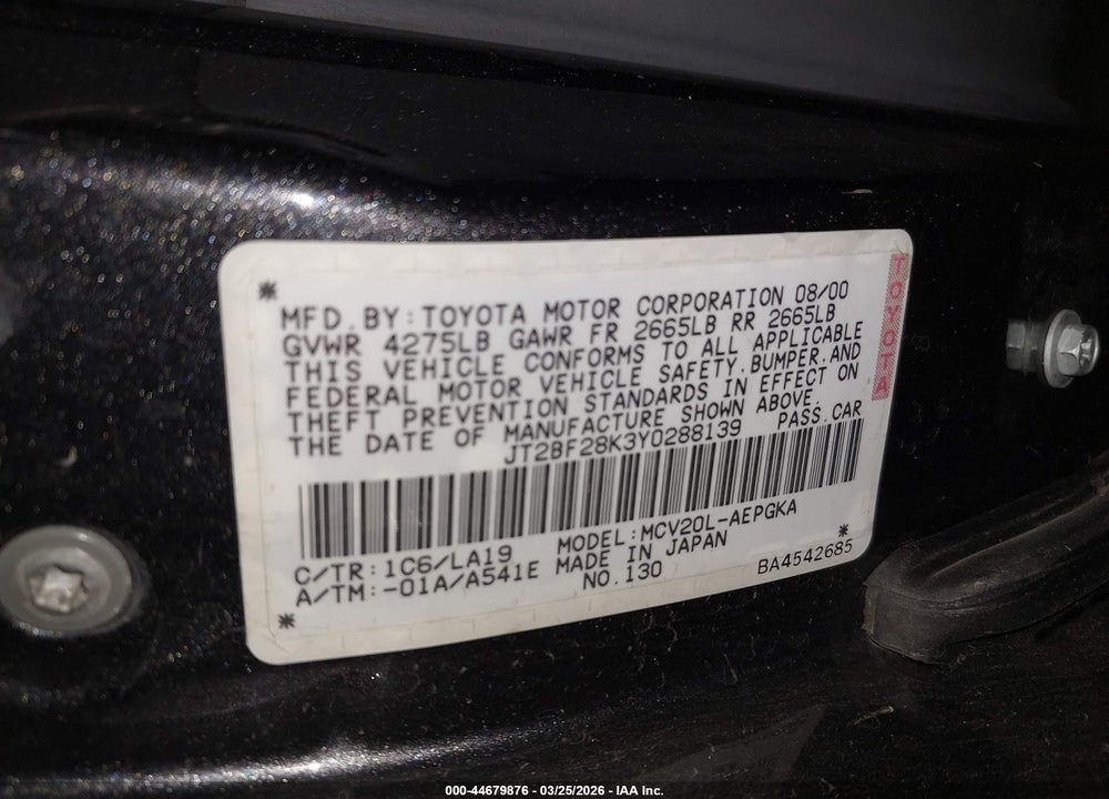 2000 TOYOTA CAMRY XLE V6 VIN: JT2BF28K3Y0288139