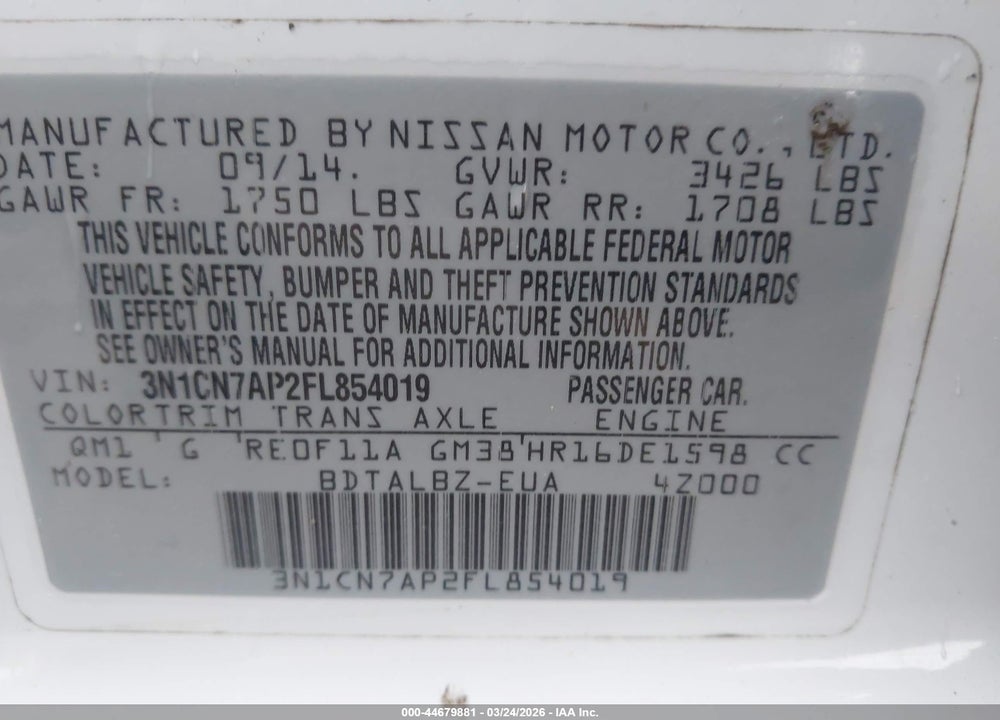 2015 NISSAN VERSA 1.6 SV VIN: 3N1CN7AP2FL854019
