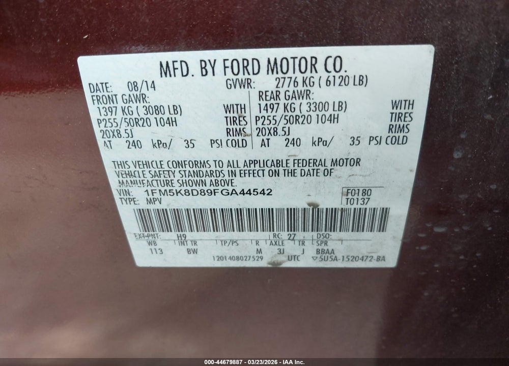 2015 FORD EXPLORER XLT VIN: 1FM5K8D89FGA44542