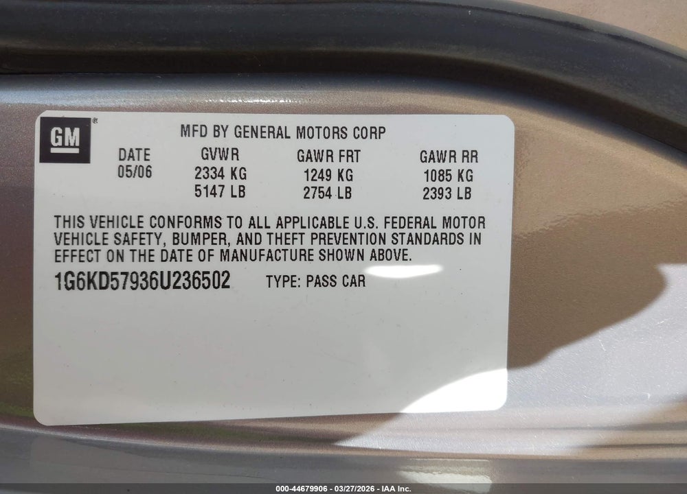 2006 CADILLAC DTS PERFORMANCE VIN: 1G6KD57936U236502