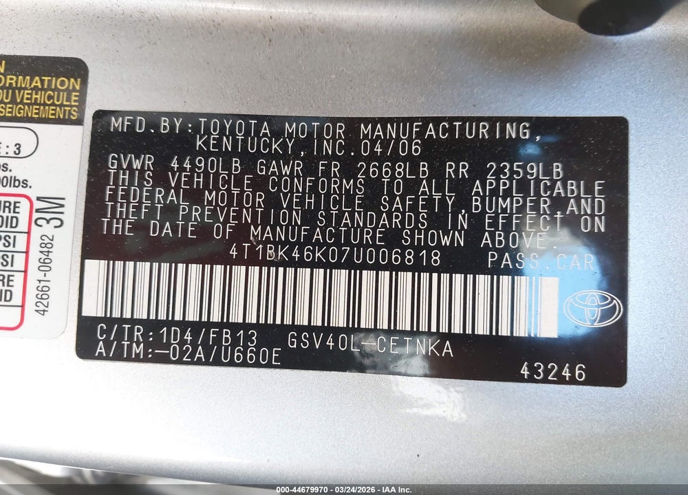 2007 TOYOTA CAMRY LE V6 VIN: 4T1BK46K07U006818