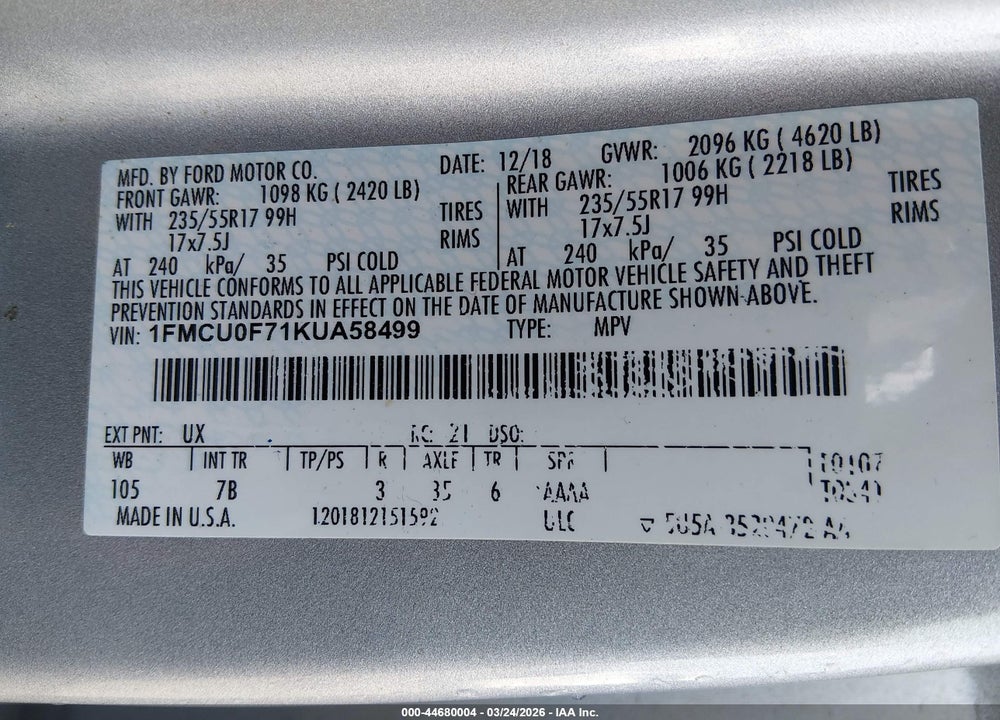 2019 FORD ESCAPE S VIN: 1FMCU0F71KUA58499