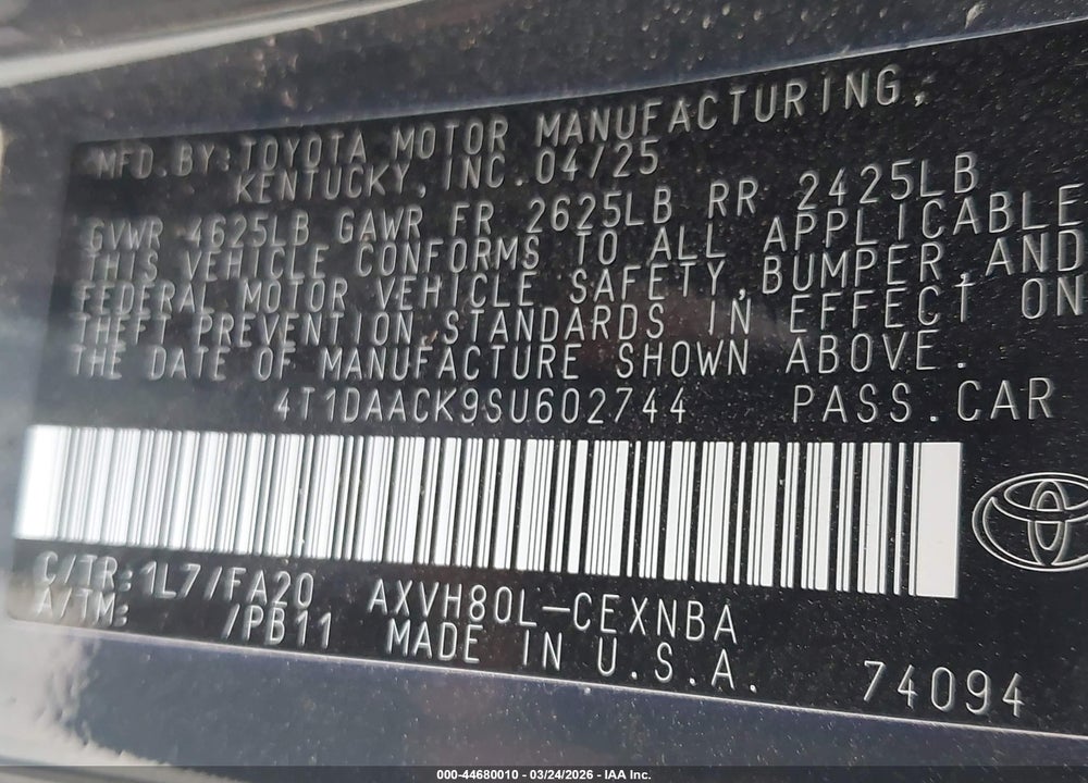 2025 TOYOTA CAMRY LE VIN: 4T1DAACK9SU602744