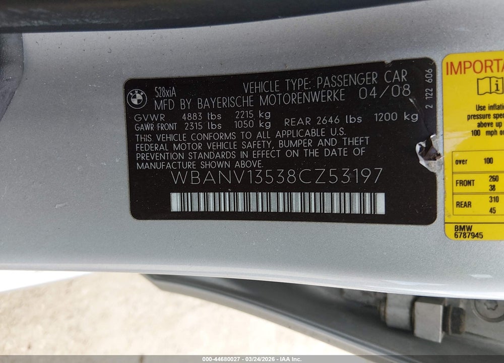 2008 BMW 528XI VIN: WBANV13538CZ53197
