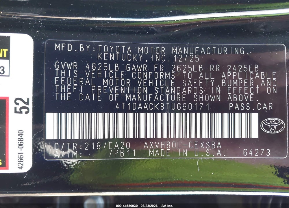 2026 TOYOTA CAMRY SE VIN: 4T1DAACK8TU690171