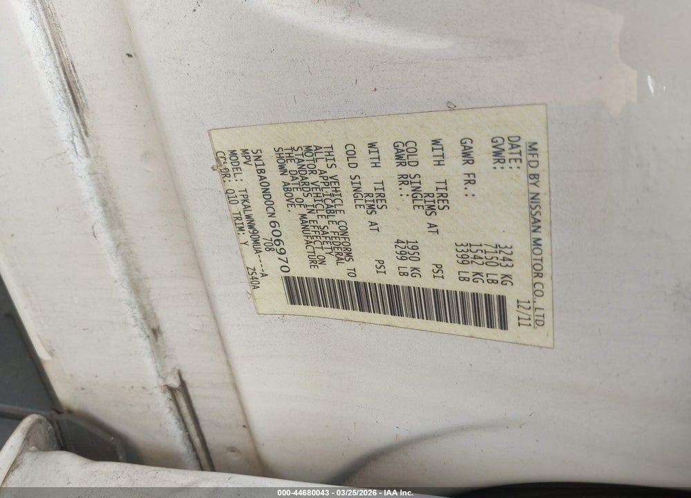 2012 NISSAN ARMADA PLATINUM VIN: 5N1BA0ND0CN606970