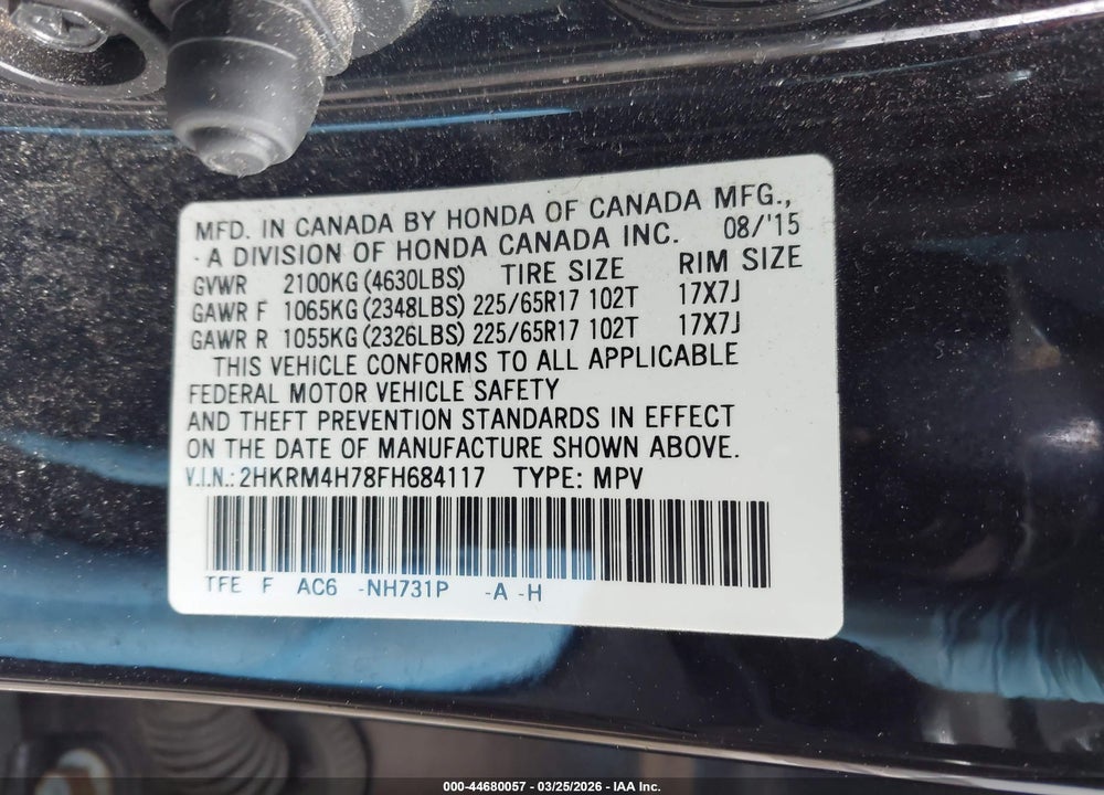 2015 HONDA CR-V EX-L VIN: 2HKRM4H78FH684117