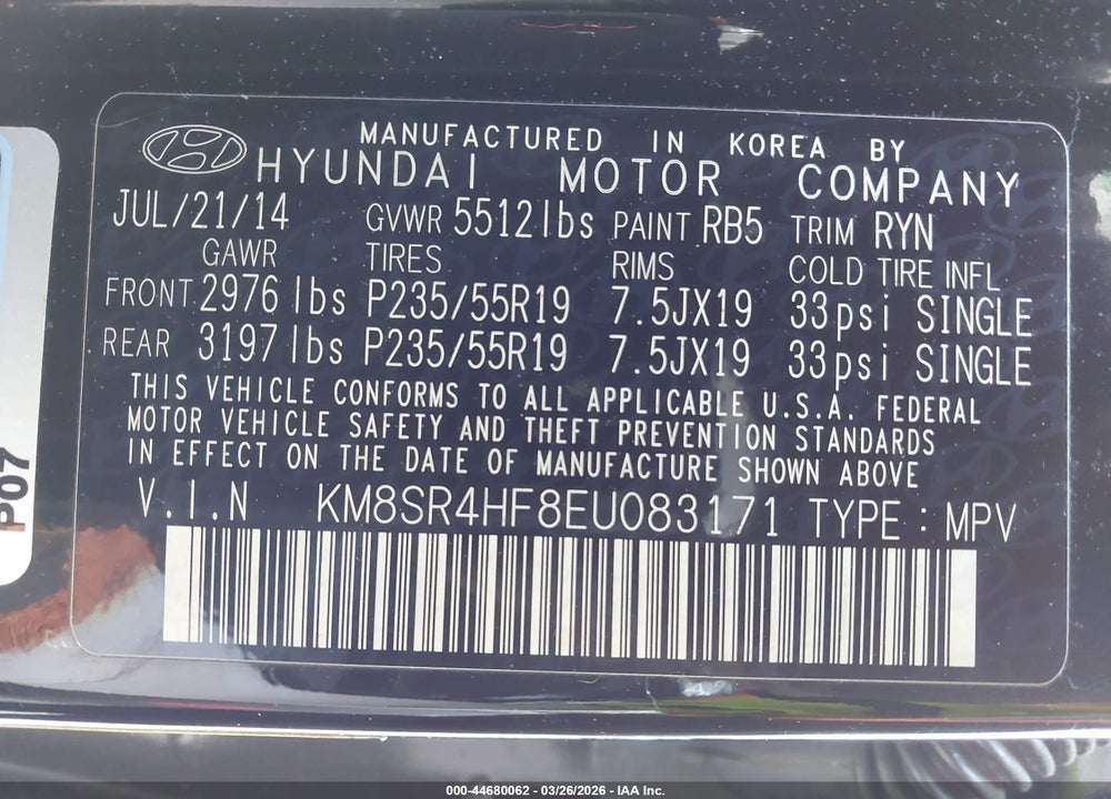 2014 HYUNDAI SANTA FE LIMITED VIN: KM8SR4HF8EU083171
