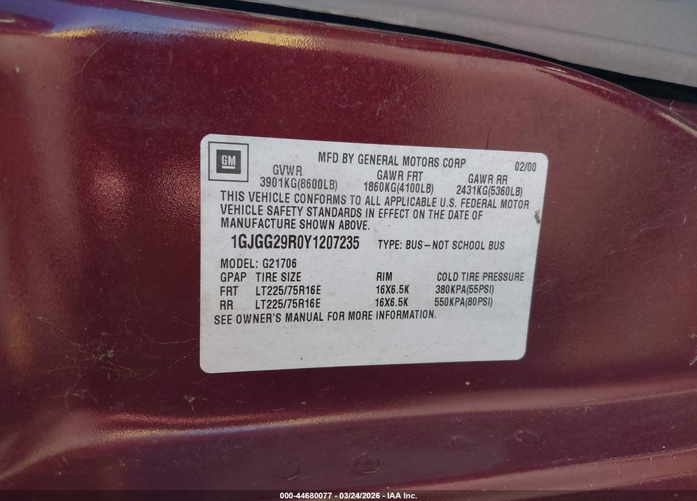 2000 GMC SAVANA STANDARD VIN: 1GJGG29R0Y1207235