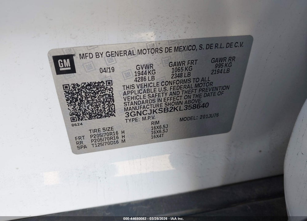 2019 CHEVROLET TRAX LS VIN: 3GNCJKSB2KL358640