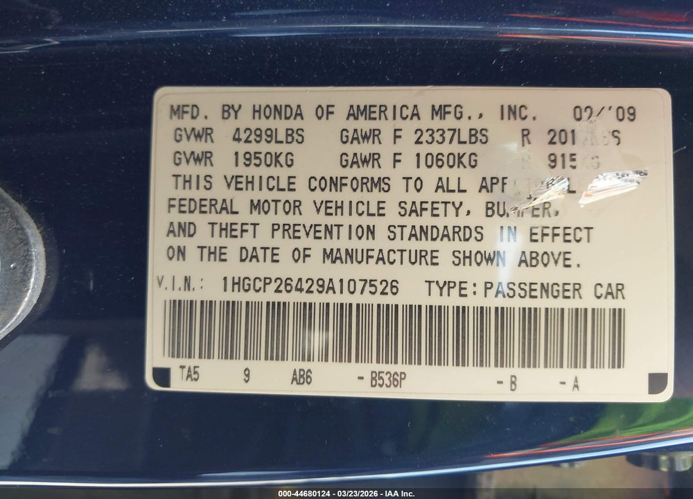 2009 HONDA ACCORD 2.4 LX-P VIN: 1HGCP26429A107526