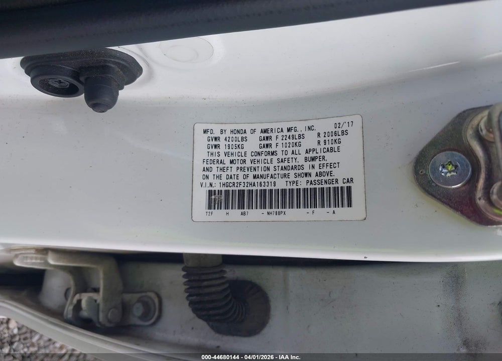 2017 HONDA ACCORD LX VIN: 1HGCR2F32HA163319
