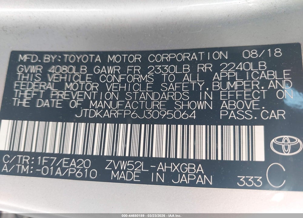2018 TOYOTA PRIUS PRIME PREMIUM VIN: JTDKARFP6J3095064