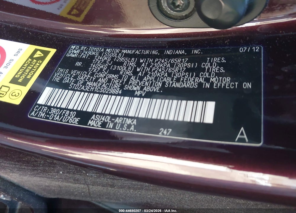 2012 TOYOTA HIGHLANDER VIN: 5TDZA3EH1CS029884