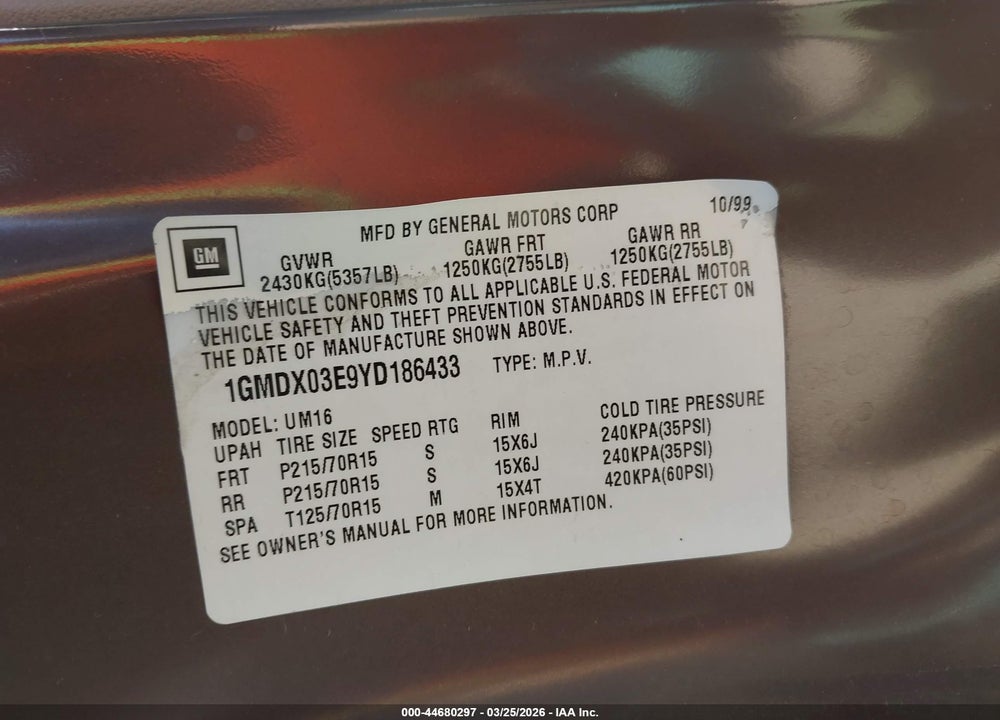 2000 PONTIAC MONTANA M16 VIN: 1GMDX03E9YD186433