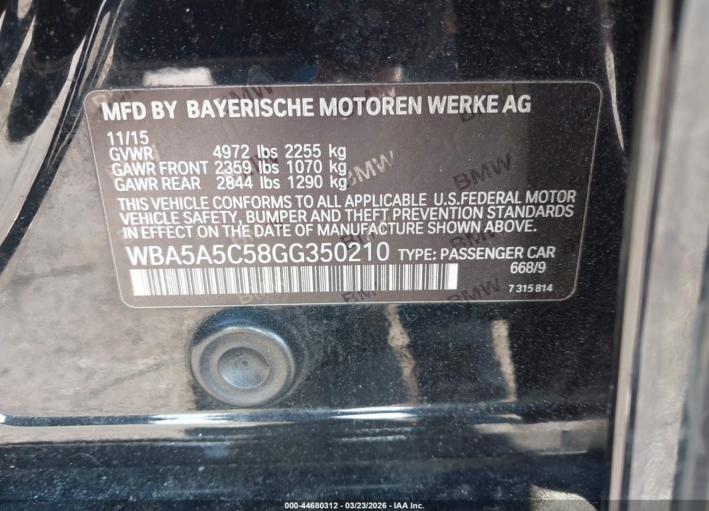 2016 BMW 528I VIN: WBA5A5C58GG350210