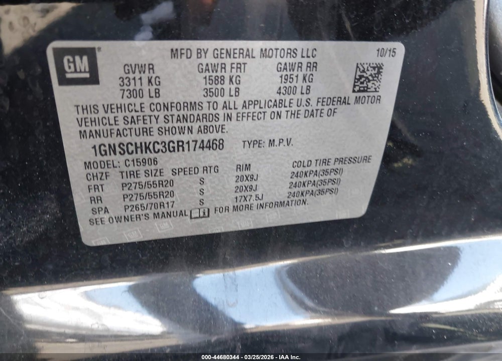 2016 CHEVROLET SUBURBAN LT VIN: 1GNSCHKC3GR174468