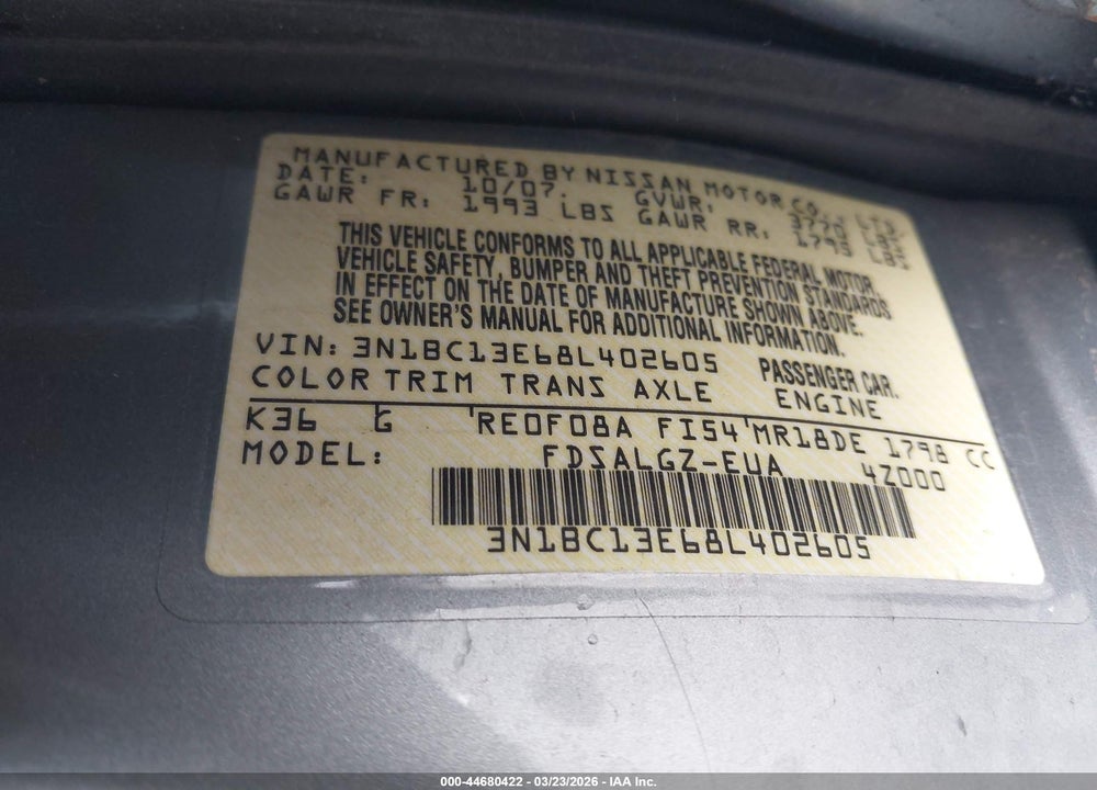 2008 NISSAN VERSA 1.8SL VIN: 3N1BC13E68L402605