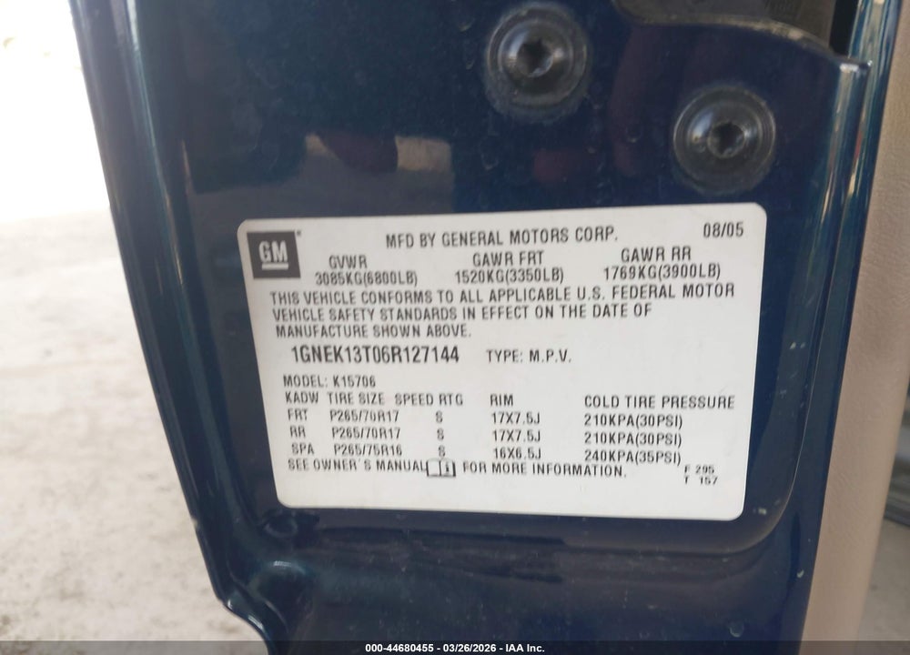 2006 CHEVROLET TAHOE Z71 VIN: 1GNEK13T06R127144