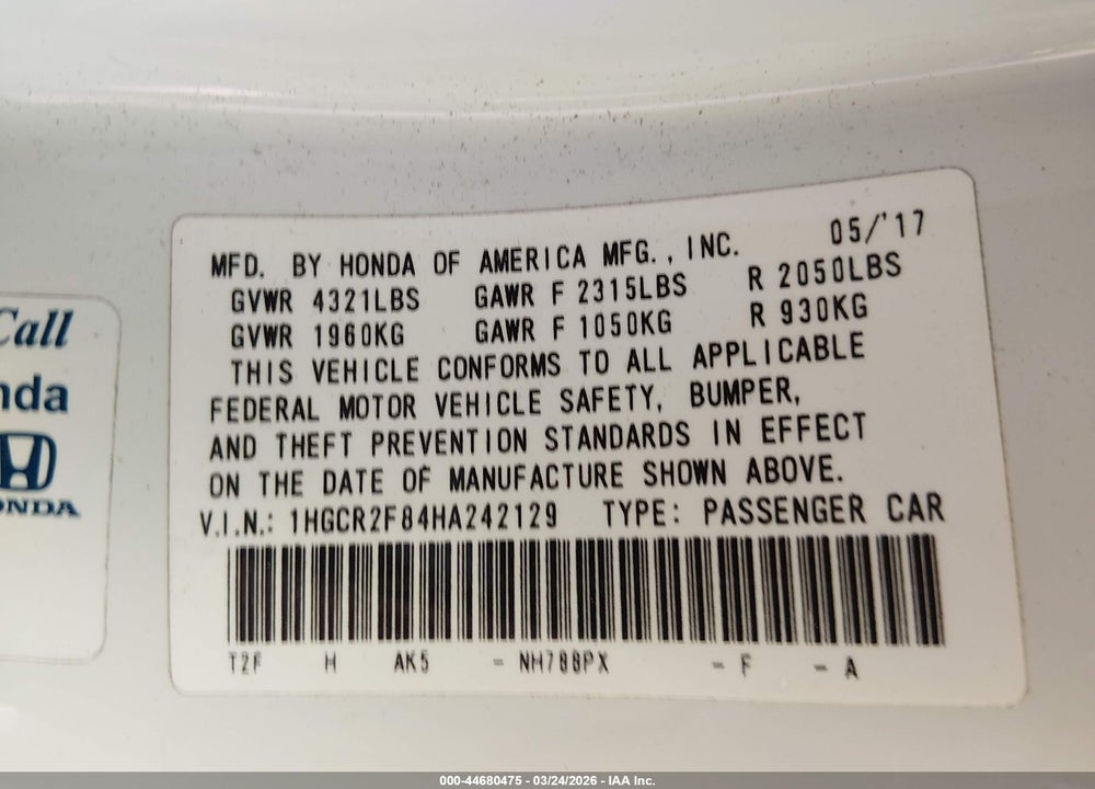 2017 HONDA ACCORD EX-L VIN: 1HGCR2F84HA242129