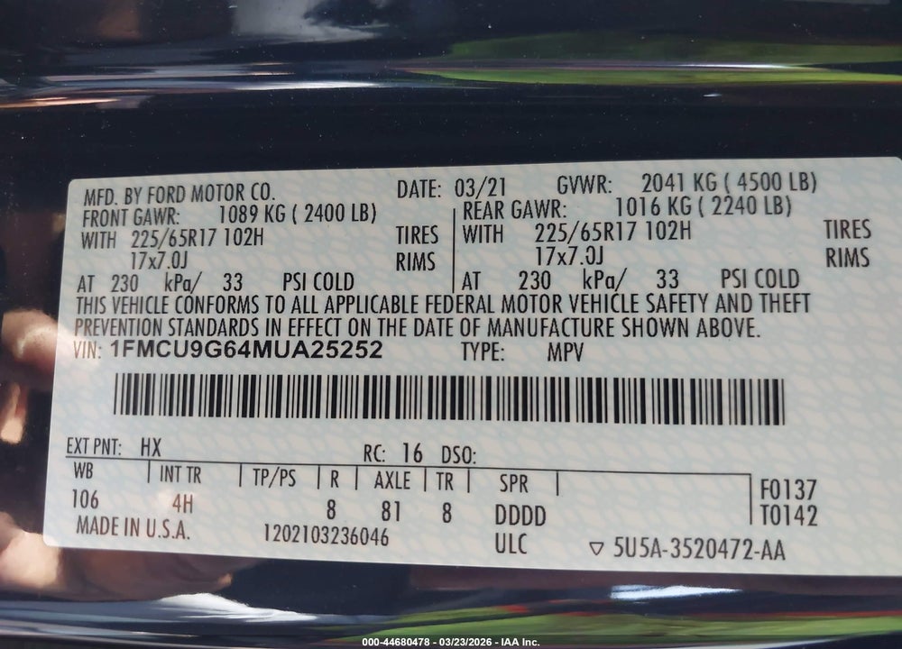 2021 FORD ESCAPE SE VIN: 1FMCU9G64MUA25252