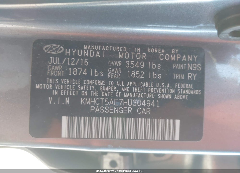 2017 HYUNDAI ACCENT SE VIN: KMHCT5AE7HU304941
