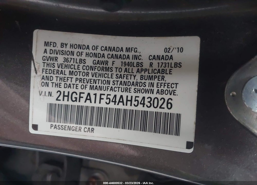2010 HONDA CIVIC LX VIN: 2HGFA1F54AH543026