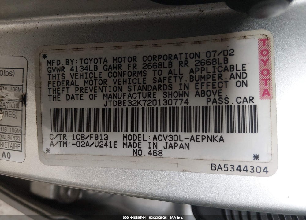 2002 TOYOTA CAMRY LE VIN: JTDBE32K720130774